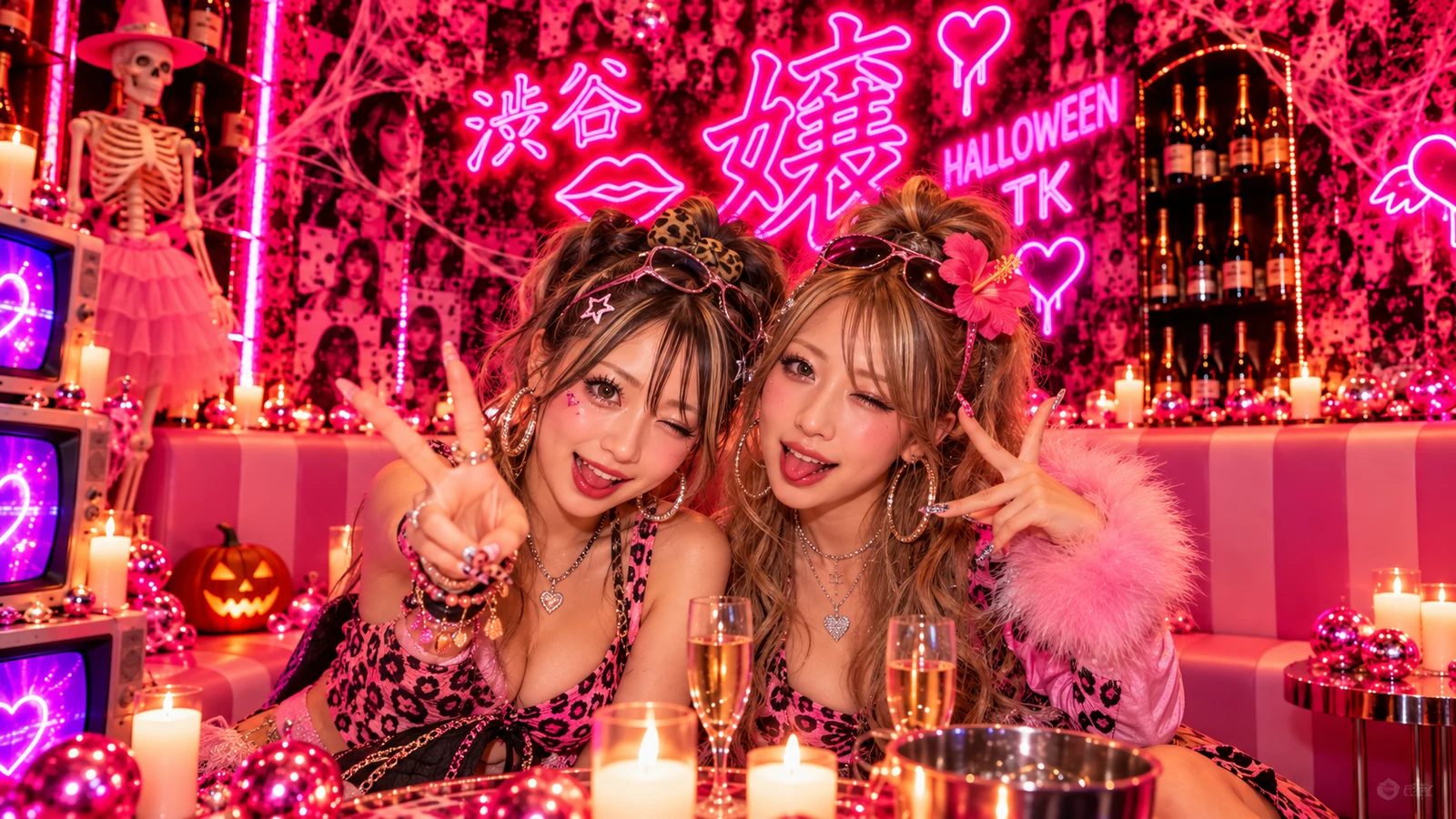 HALLOWEEN PHOTO SPOTでセルフィーポーズを取る女性2人