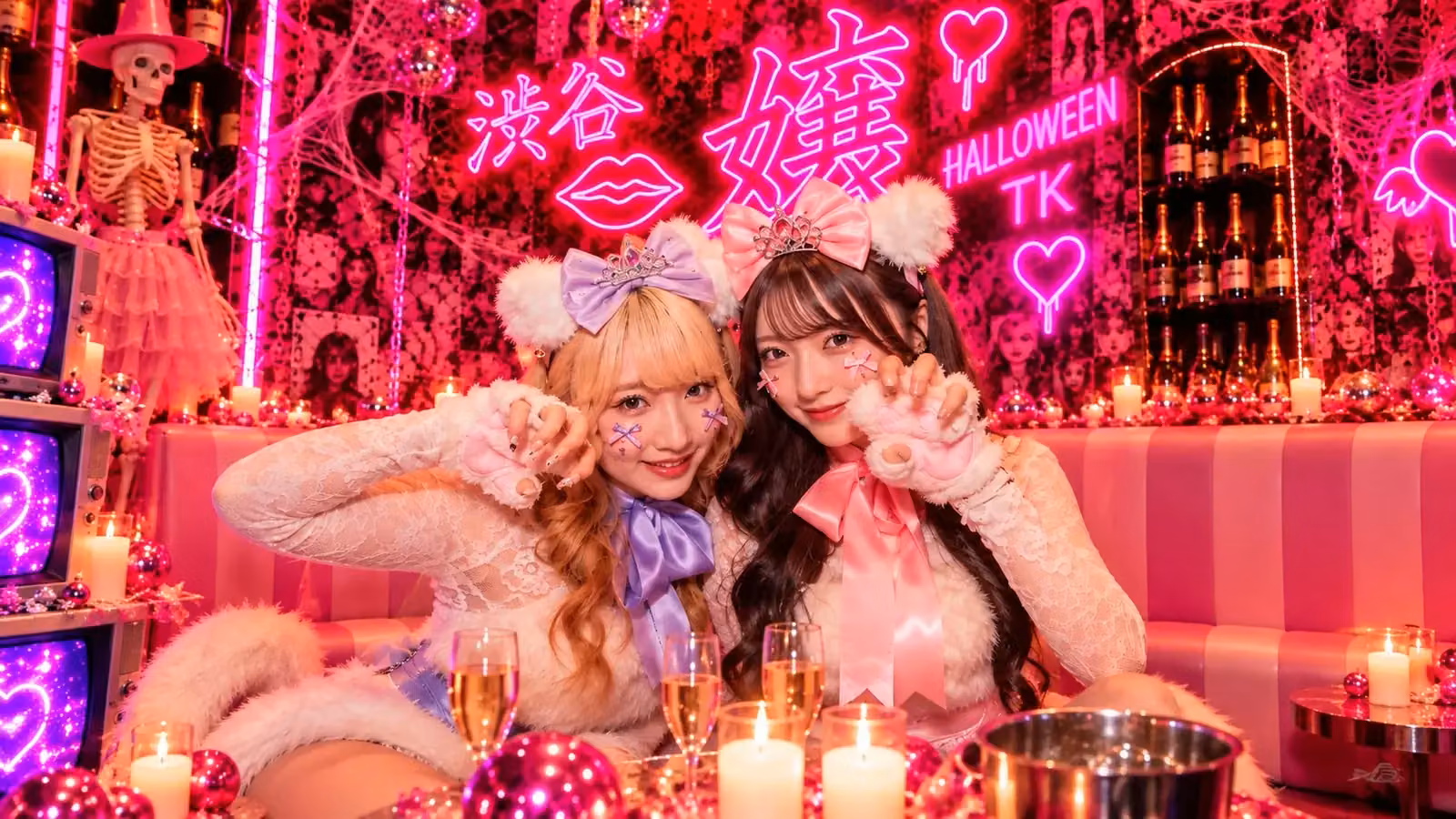 HALLOWEEN PHOTO SPOTでポーズを取るリボン衣装の女性2人