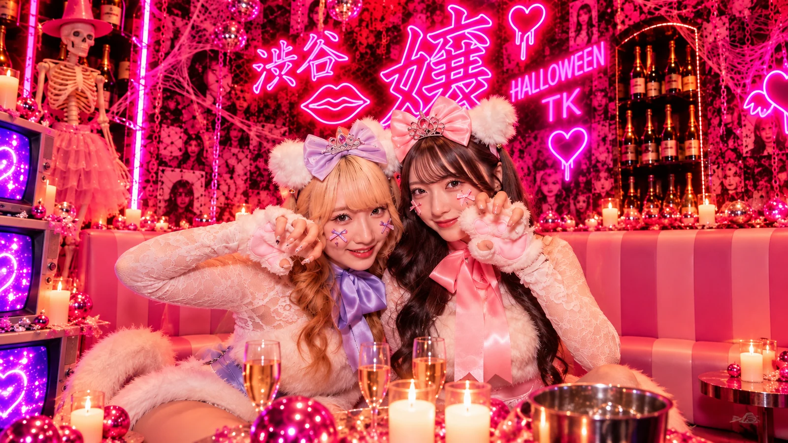 HALLOWEEN PHOTO SPOTでポーズを取るリボン衣装の女性2人