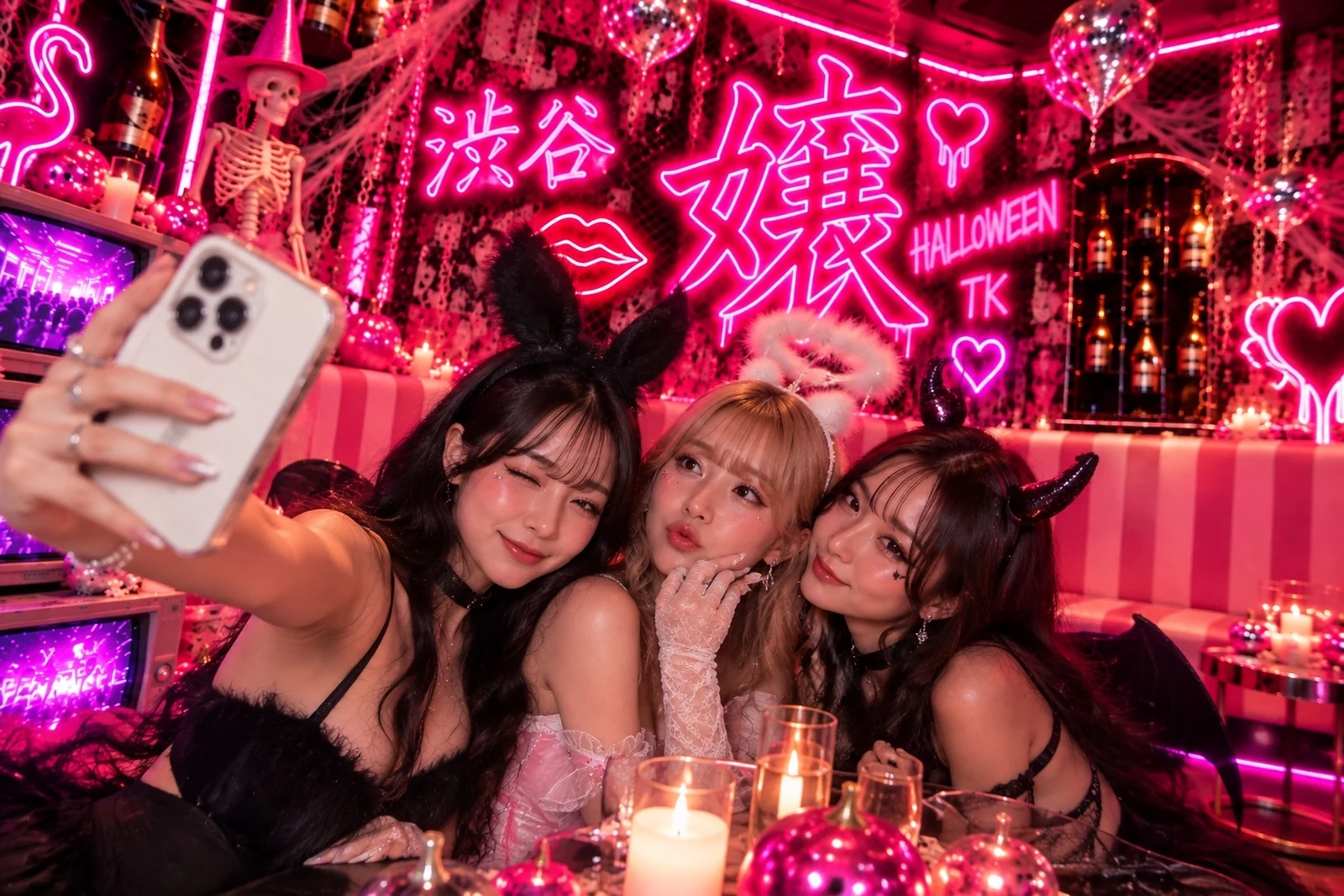 ピンクネオンのHALLOWEEN PHOTO SPOTでセルフィーを楽しむ女性3人
