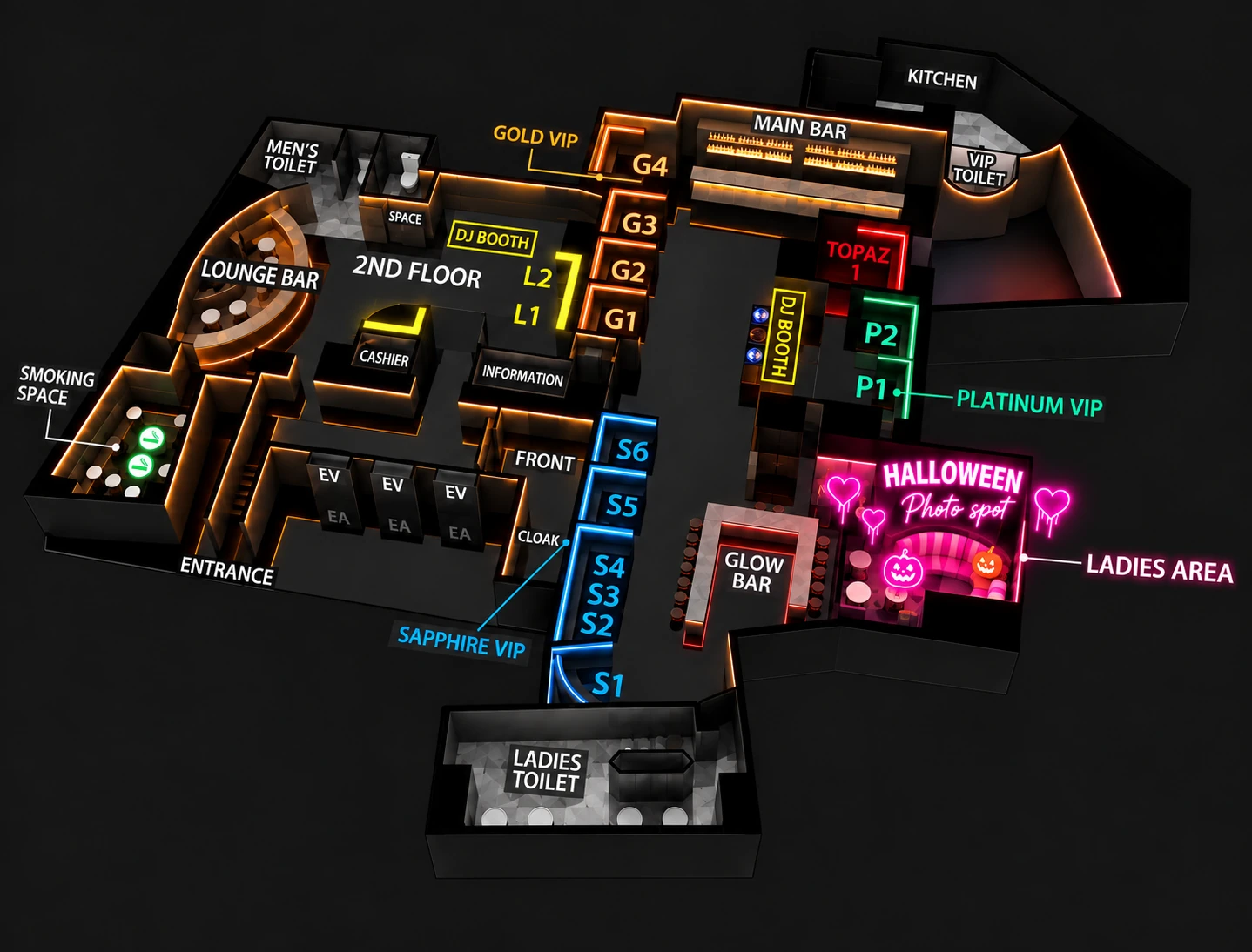 TK NIGHTCLUBの店内フロアマップ。LADIES AREAのHALLOWEEN PHOTO SPOTを示した図。
